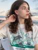 American Retro Dolphin Print Oversized Cotton T-shirt - Women's Trendy Straight Shoulder Short Sleeve