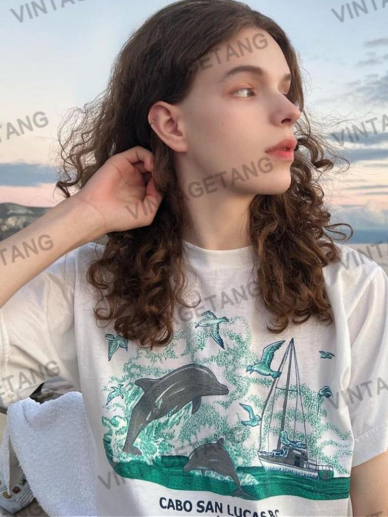 American Retro Dolphin Print Oversized Cotton T-shirt - Women's Trendy Straight Shoulder Short Sleeve