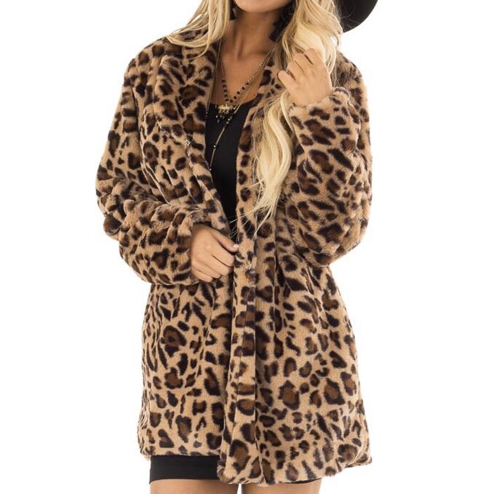 Womens Rabbit Villi Autumn Winter Long Sleeve Leopard Print Fashion Pocket Coat