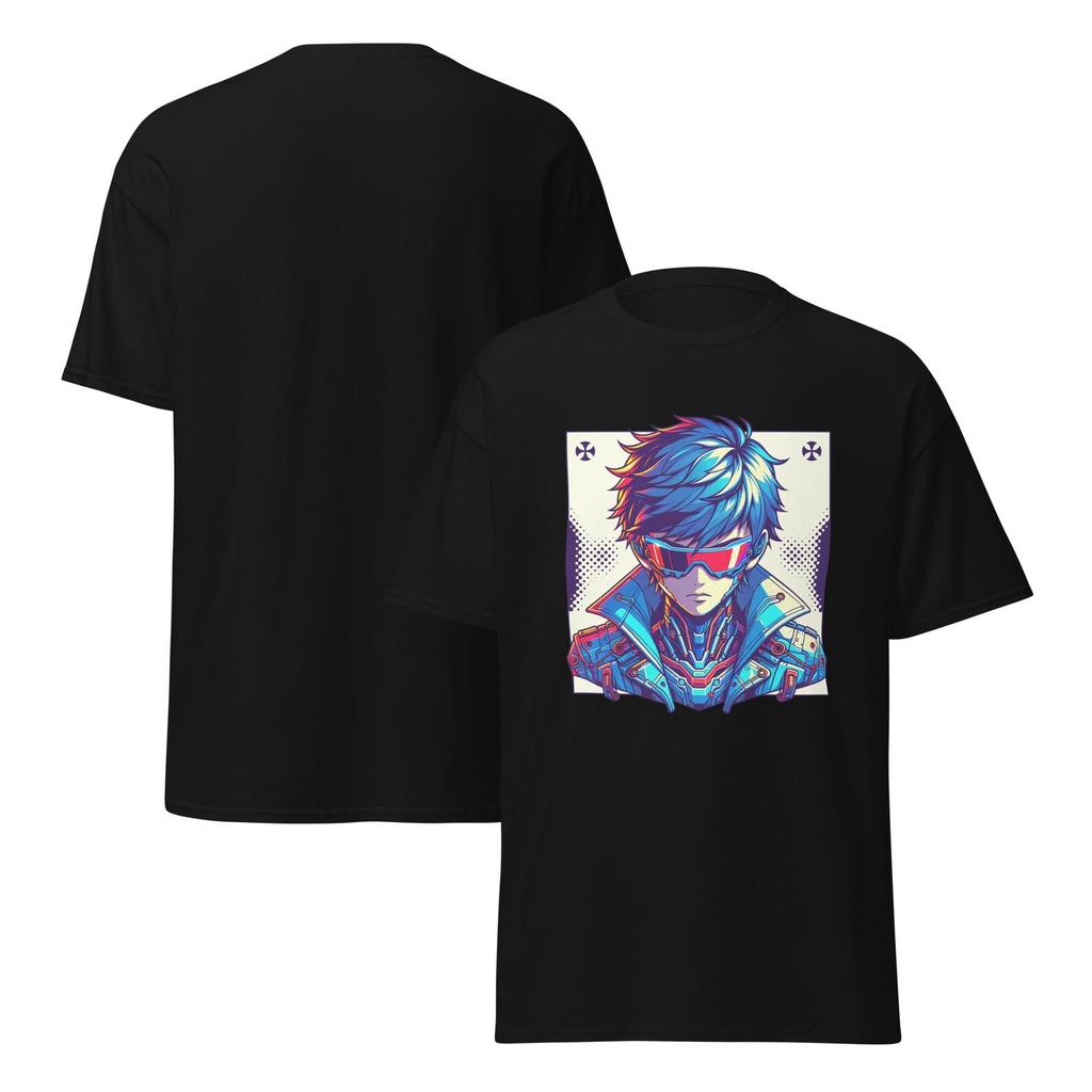 Cyberpunk Anime Boy T-Shirt, Futuristic Techwear Mecha Design, Neon Sci-Fi Manga Aesthetic Shirt, Cool Otaku Streetwear Graphic Tee