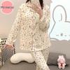 2024 Cute Spring/Autumn Women's Crepe Pajama Set with Chest Pad, Lapel Cardigan, Long-Sleeved Top, and Trousers.