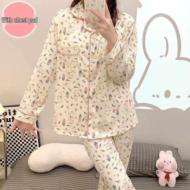 2024 Cute Spring/Autumn Women's Crepe Pajama Set with Chest Pad, Lapel Cardigan, Long-Sleeved Top, and Trousers.