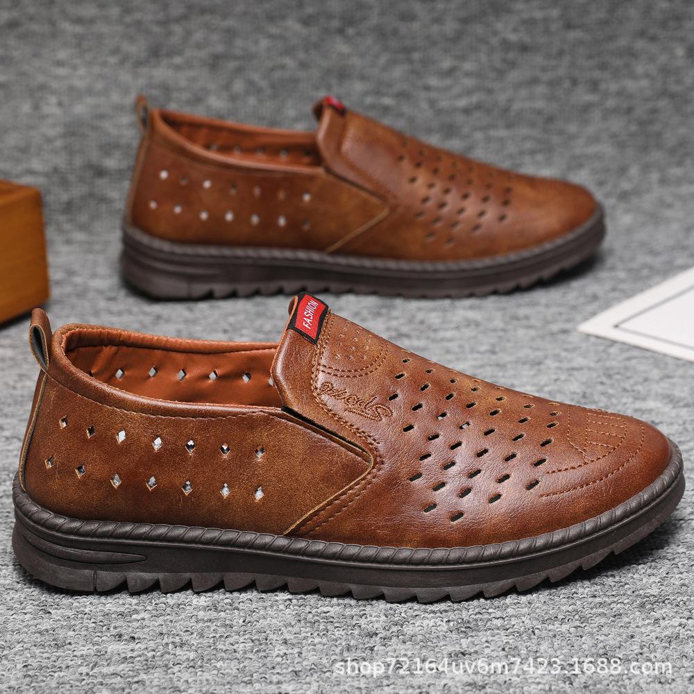 Hollow Leather Shoes Men's Summer Breathable Soft Leather Low-top Business Leisure One-pedal Hole Dad Men's Shoes