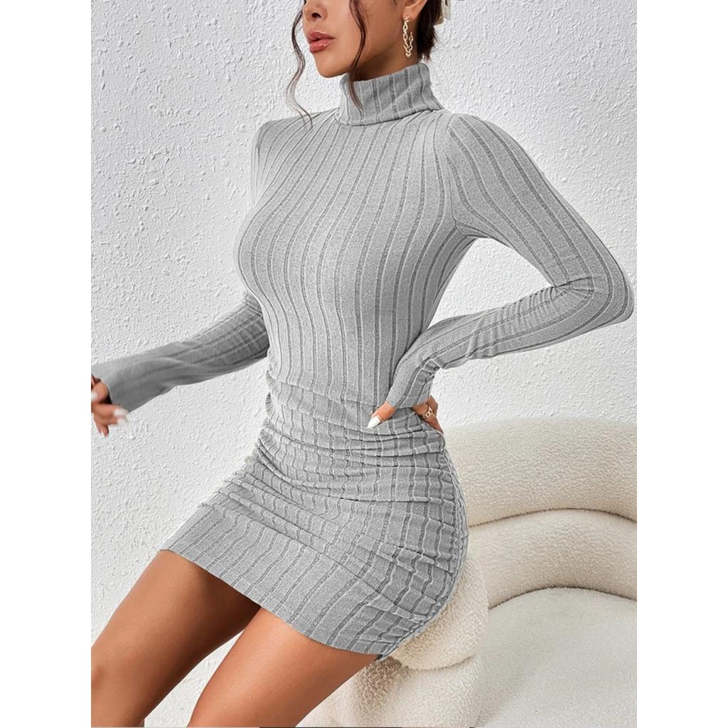 2024 Women Clothing New Solid Dresses Mini Dress Club Elegant Party Dresses Black Solid Turtleneck Long Sleeves SheathDress