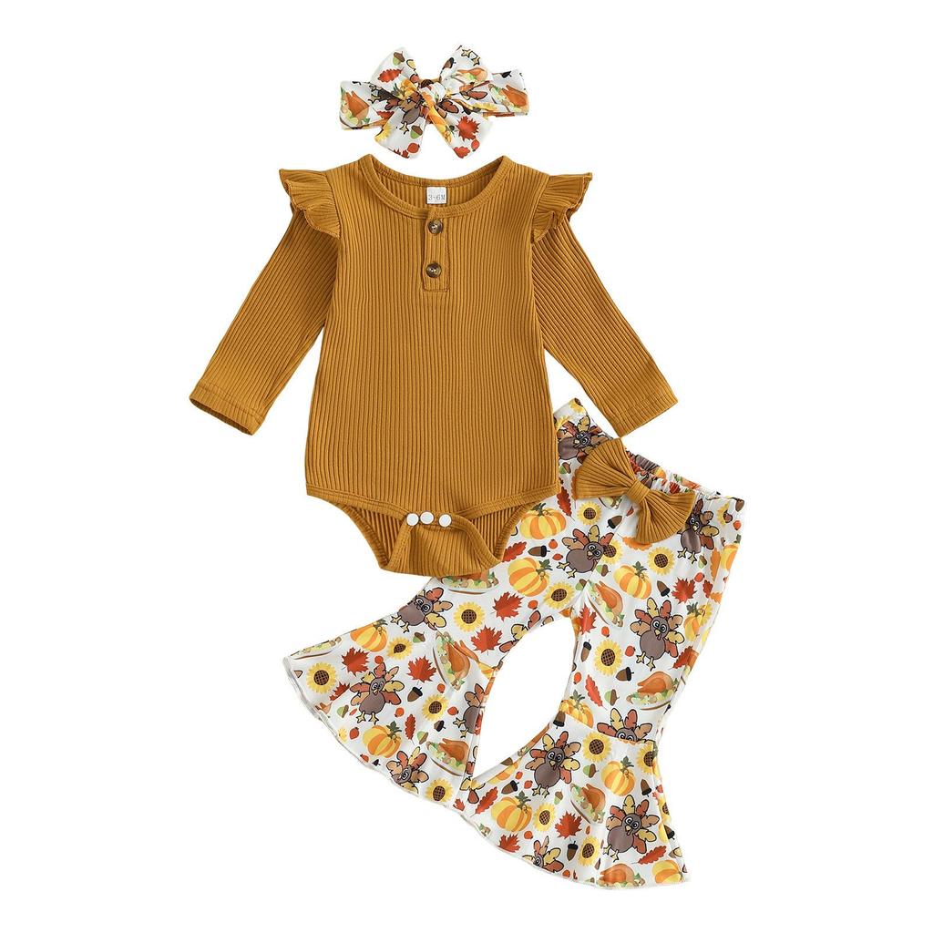 Baby Girl Halloween Flutter Sleeve Romper with Ghost/Pumpkin Pants & Headband - 3 Piece Set