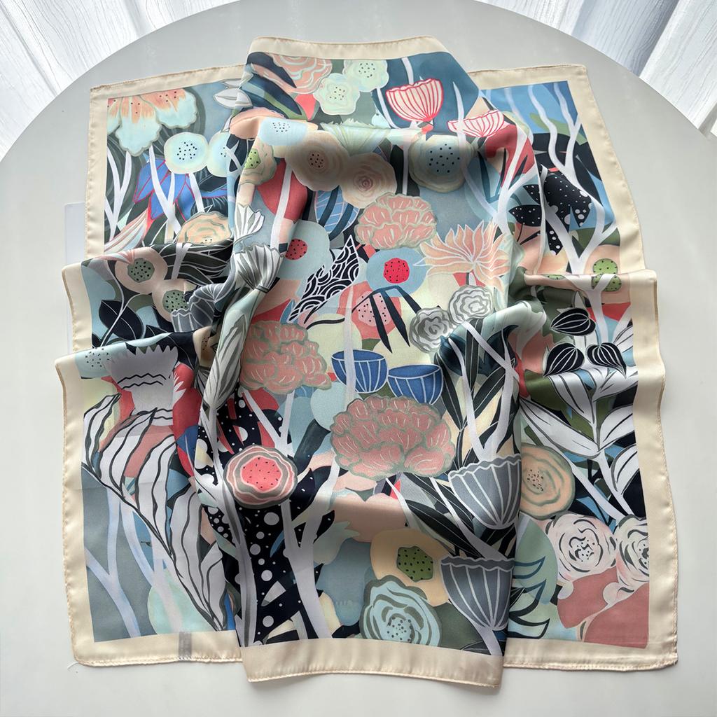 Floral Printed Square Scarf For Women Imitation Silk Scarves Elegant Beach Shawl Wraps Bandanas Luxury Hijab Neckerchief