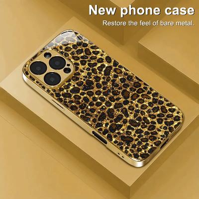 Glänsande Leopardmönster Guld Metallisk Färg Härdat Glas Telefonfodral För iPhone 17 16 15 14 13 12 11 Pro Max Plus 17Air 16E Skydd
