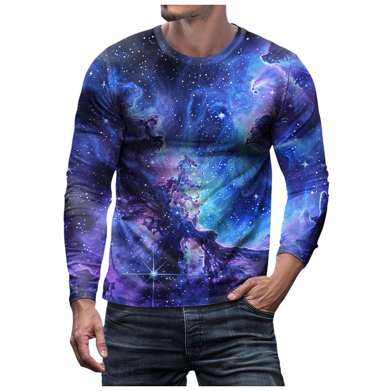 3D Brilliant Starry Sky Printed Top Casual Long Sleeved Men's T-shirts - Soft Medium Stretch Polyester Fabric Spring and Autumn Relaxed Fit Clothing