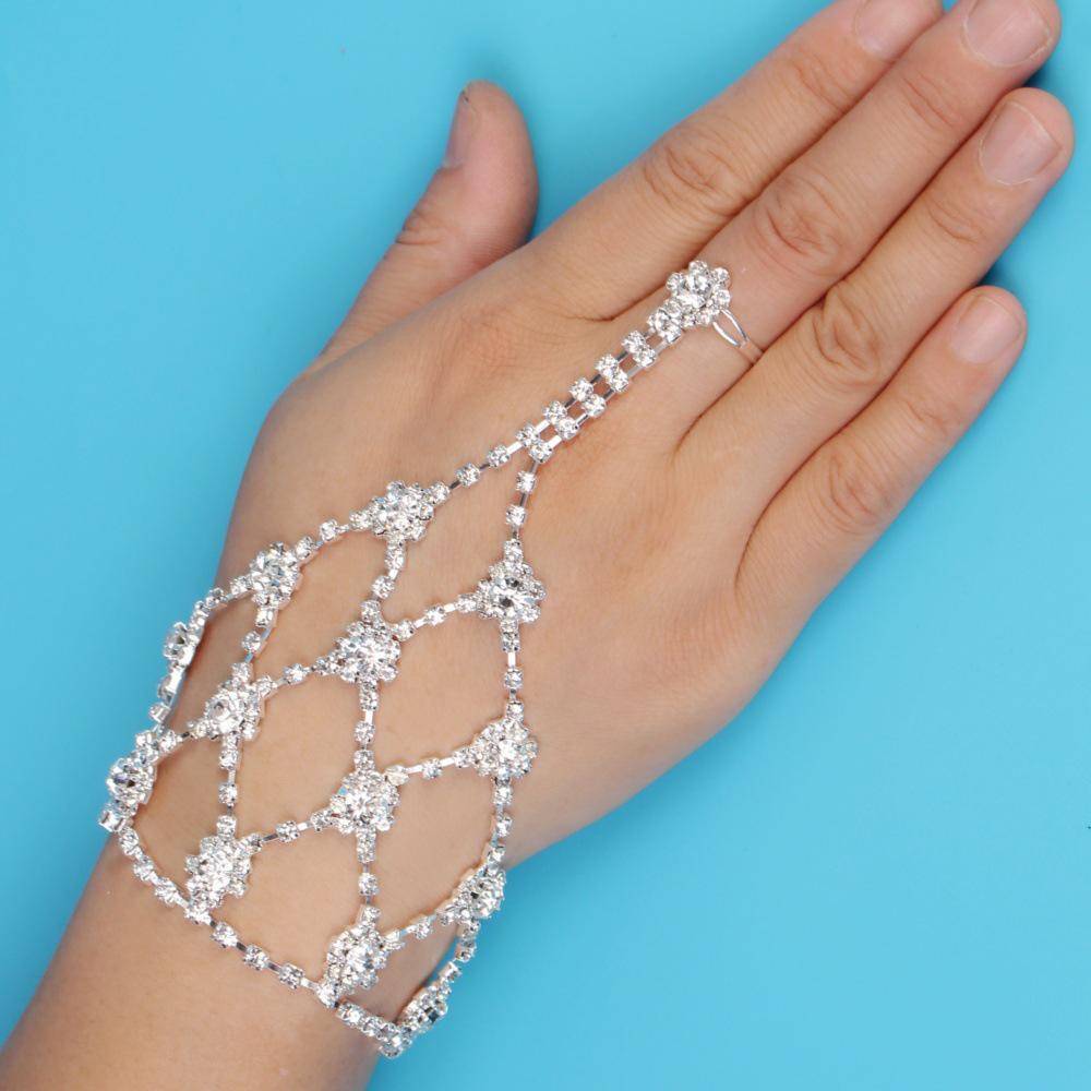 Elegant Women's Rhinestone Chain Bracelet with Connected Ring Design