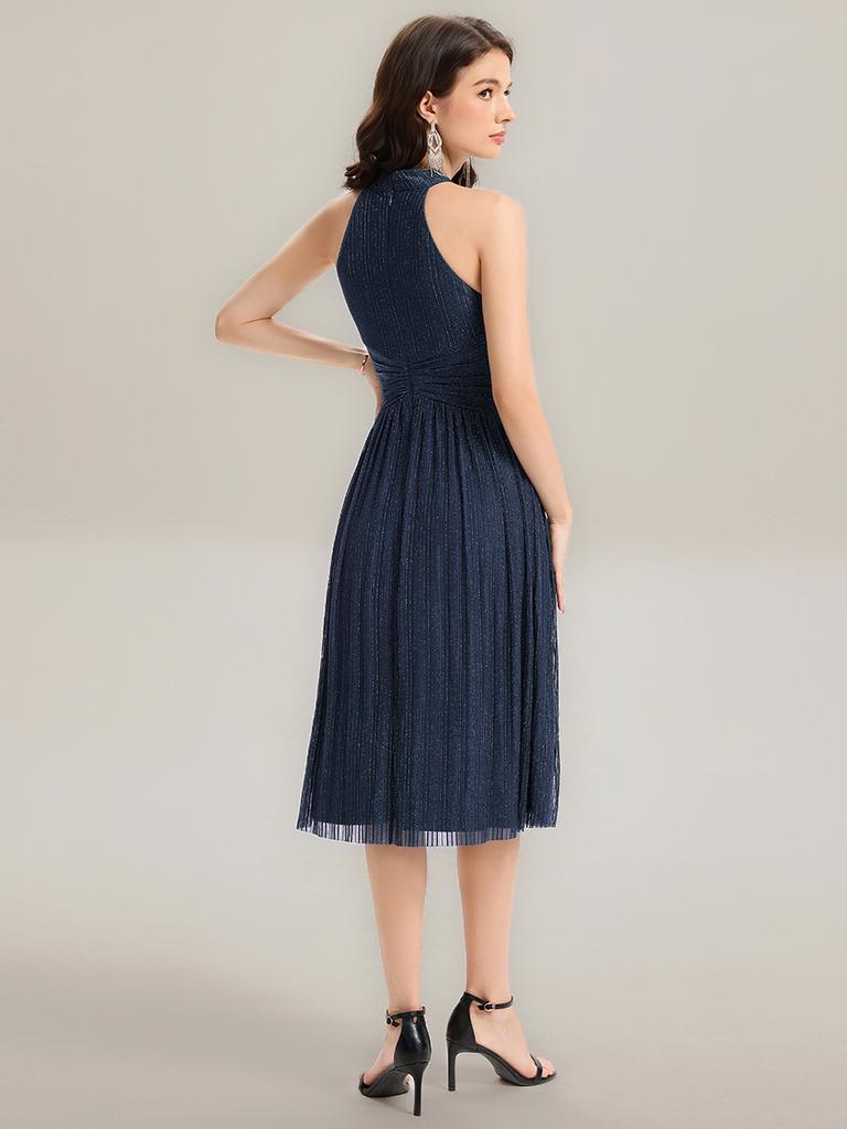 Ever-Pretty Women's Glitter Halter Cocktail Dresses Sleeveless Pletaed A-Line Midi Evening Dresses
