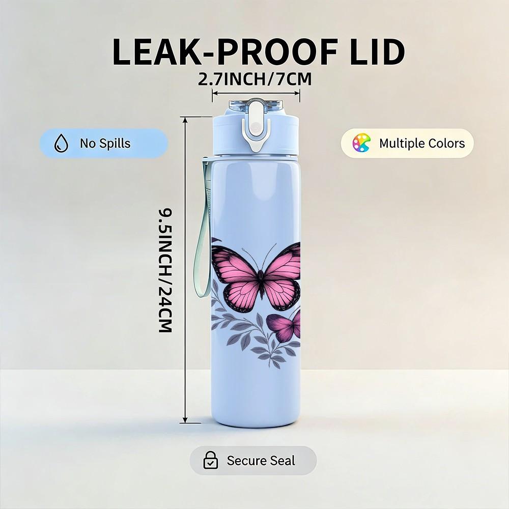 1PC Purple Butterfly Floral Print 750ml Color Plastic Sports Water Bottle Leakproof Flip Straw Lid Suitable for Sports Office Home Use