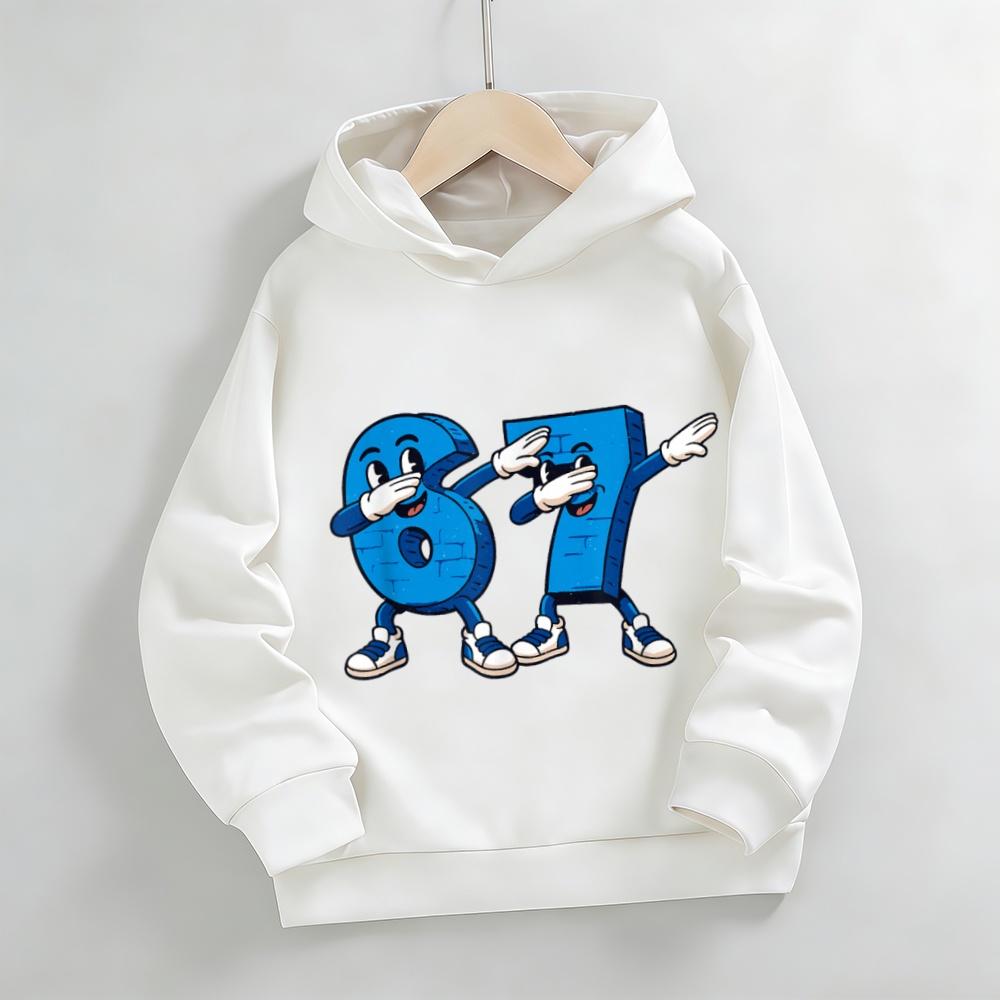 Trend Dazzle Color Boy Holding Number 67 Print Kids Hoodies Personality Graffiti Loose Casual Girl Hooded Top