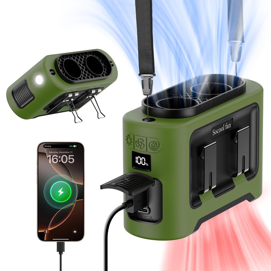 Socool 14500mAh Přenosný pasový ventilátor Dvojitý výstup vzduchu Turbo motory se čtyřmi klipy Nouzové světlo Power Banka pro venkovní použití