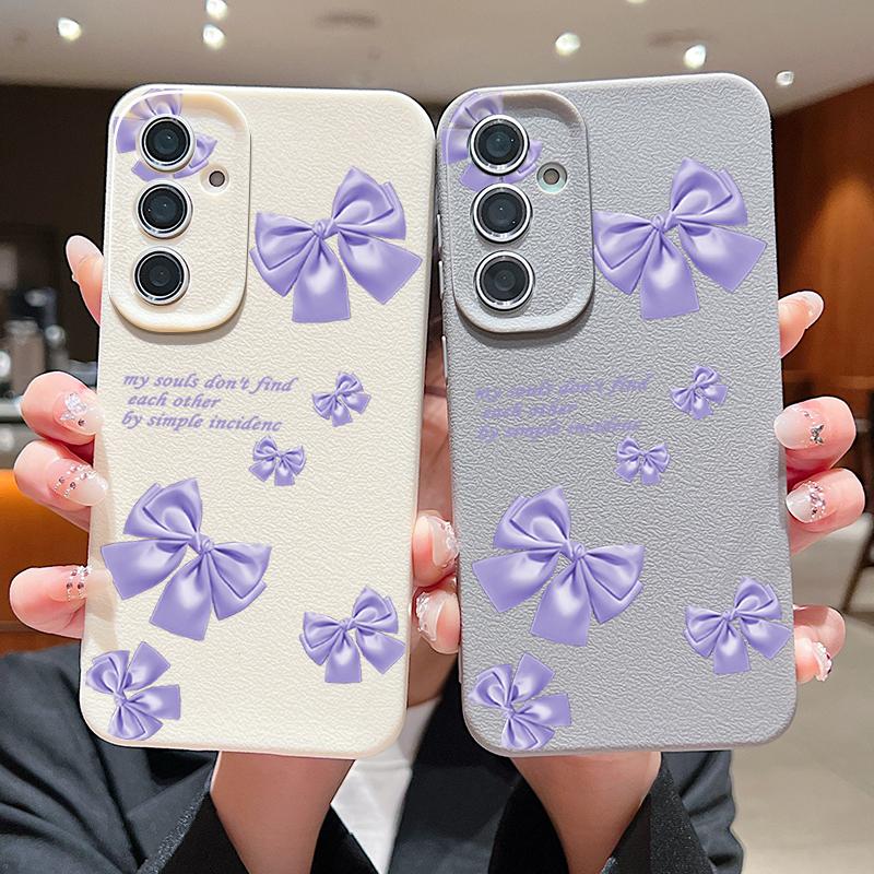 Purple Bowknot Pattern Leather Texture Plain Color Shell for Samsung S25 Ultra S24 Fe S23 S22 A56 A16 A15 A55 Soft Silicone Shockproof Matte Case