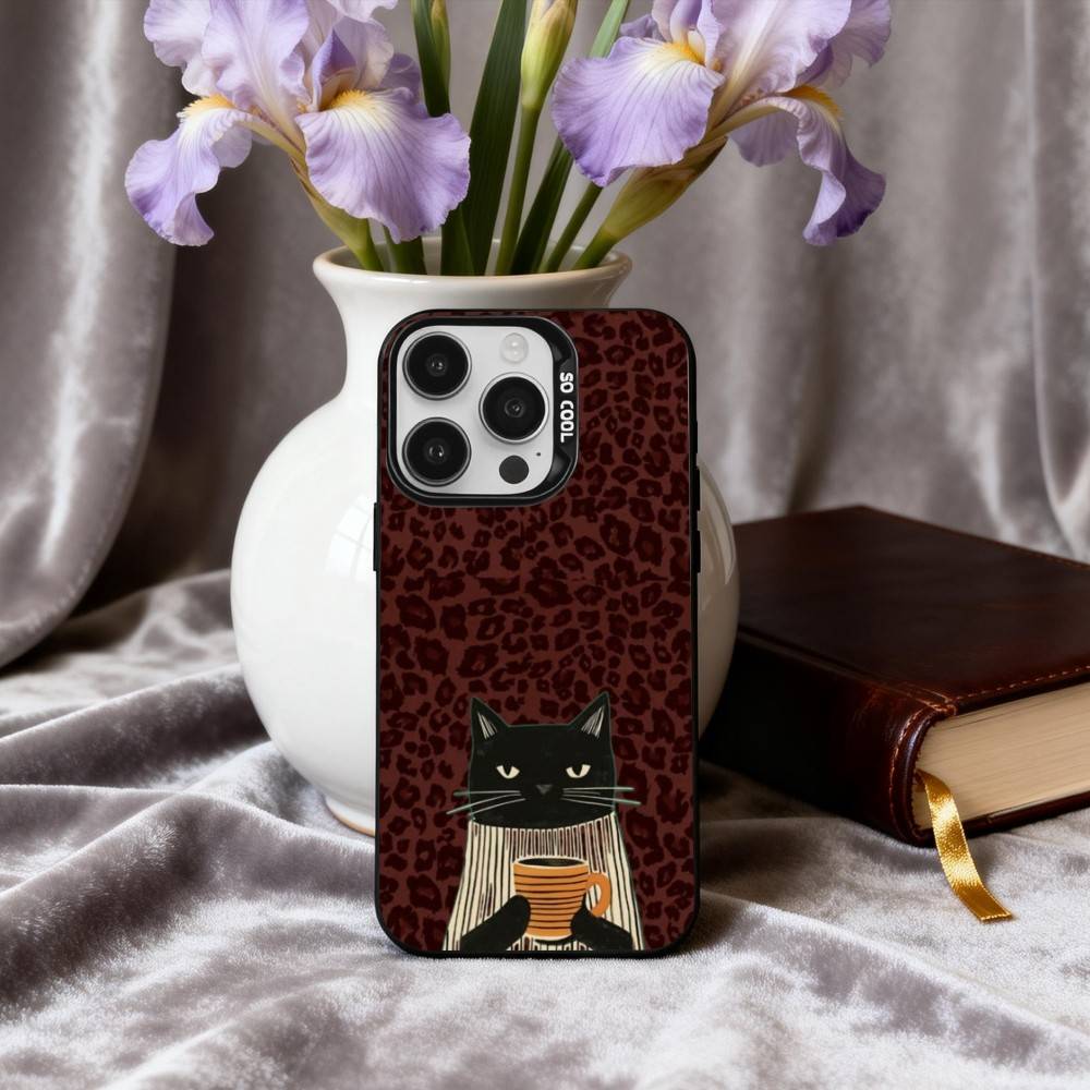 S-Striped C-Coffee Cat Phone Case For iPhone17,16,15,14,13,12,11 Plus,Pro Max Candy Silver Plated Inside Cover