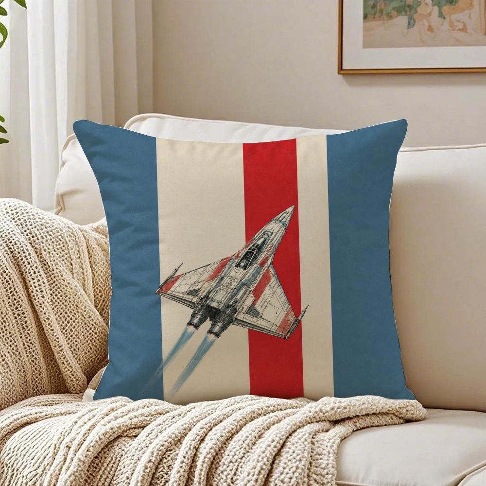 Star Plane Fighter Beige Linen Cushion Cover Organic Short Plush Cushion Covers Machine Washable Wrinkle-Resistant Soft Durable