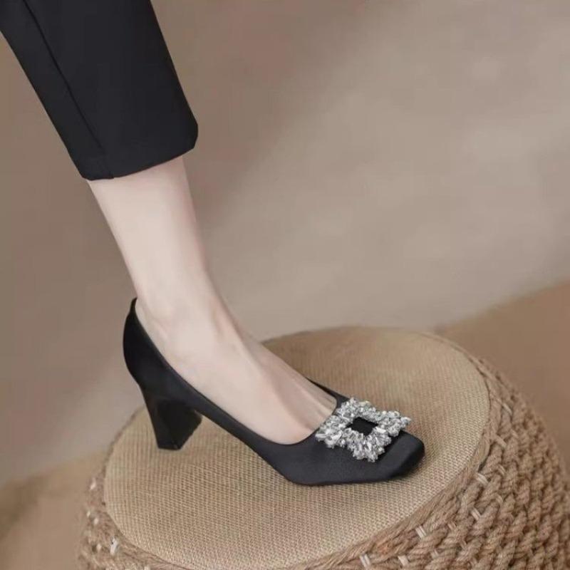 Satin thick heel square head high heels women's new autumn retro black professional rhinestone square buckle shoes