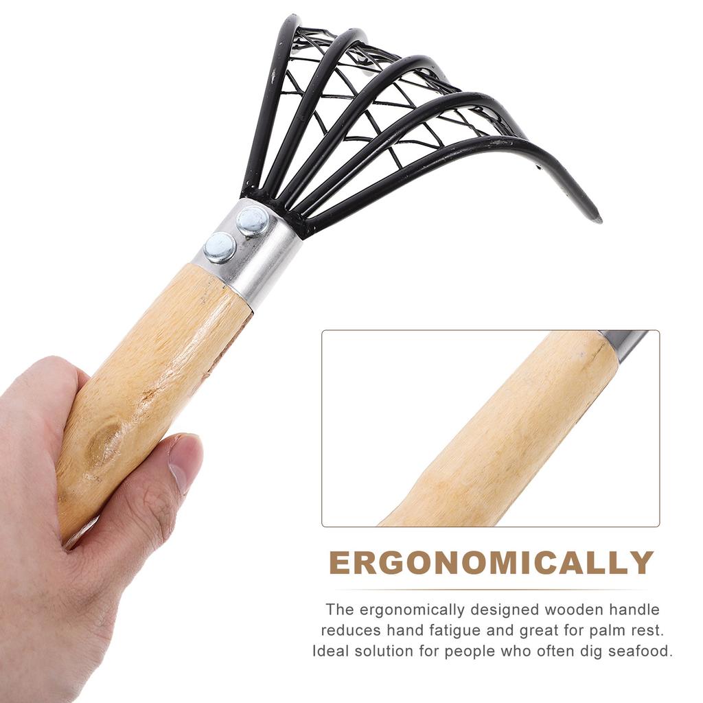 1Pcs Ergonomic Wood Handle Stainless Steel Net Rake Portable Rust Resistant Clam Digger Beach Digging Rake Seafood Harvesting