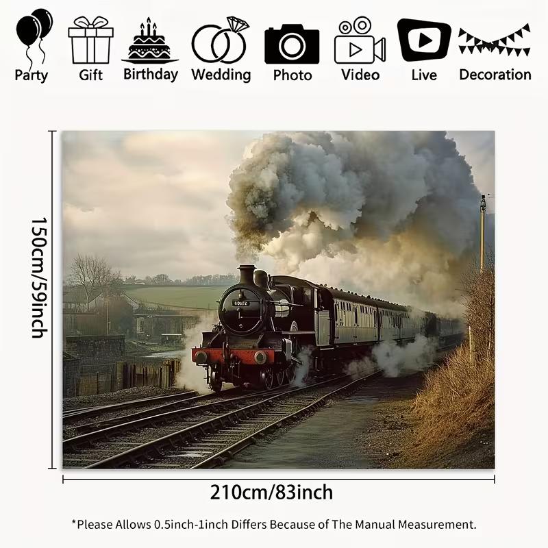 2D Black Steam Locomotive Backdrop Old Countryside Railway Photo Booth Background