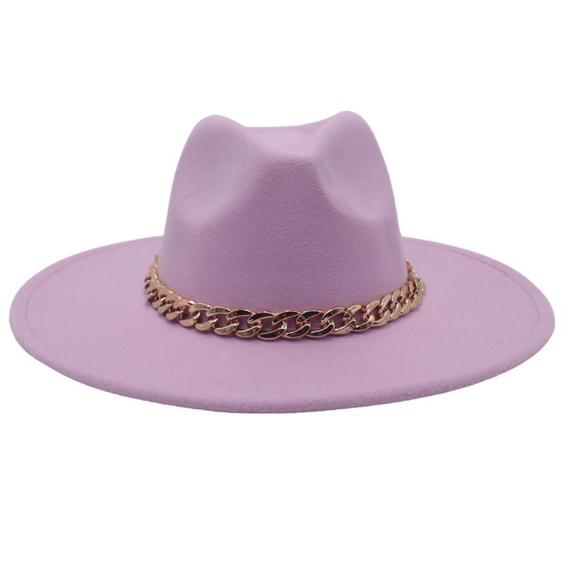Big Brim Gold Acrylic Chain Felt Hat Solid Color Cashmere Jazz Hat French Top Hat