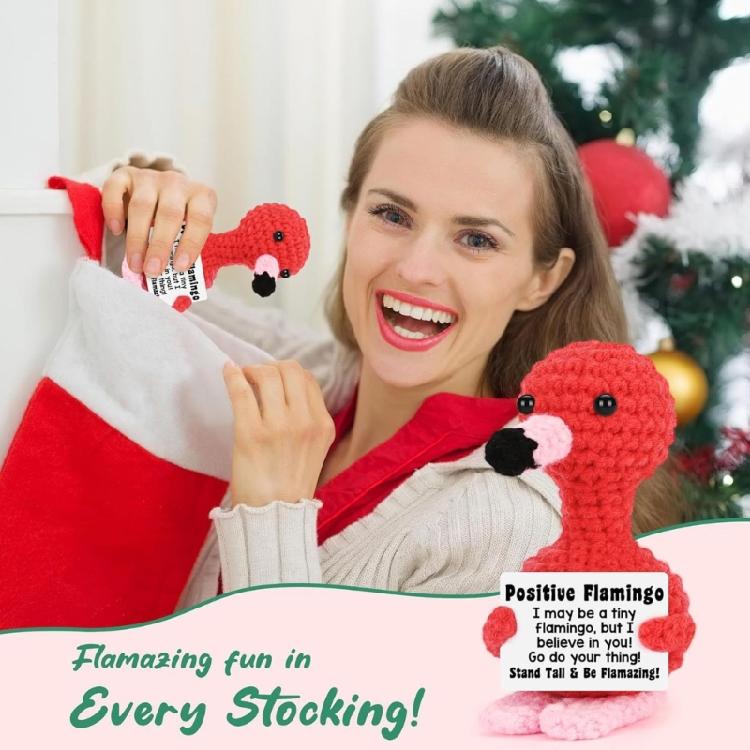 Strickwolle Puppe mit Positivitätskarten Positiver Flamingo Aufmunterung Glücksbringer Geschenk Motivierendes Präsent