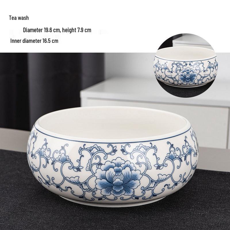 Large Chinese Style Blue and White Porcelain Tea Wash Basin and Cup Washer with Lan Ting Xu Calligraphy - Retro Ceramic Brush Washer