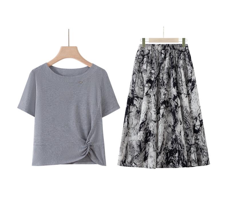 Summer Slim-Fit Short-Sleeve Stylish Skirt Set, Plus Size, Age-Reducing Print