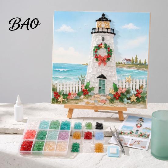 Handmade Christmas Ornaments Lighthouse Mosaic Art Kit for Adults, DIY Coastal Craft with Theme Projects Colorful Acrylic Pieces, Decoration