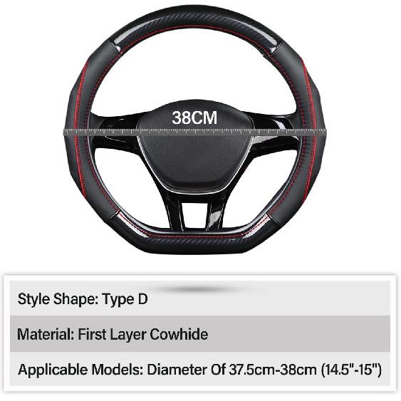 Ergocar Car Steering Wheel Cover Non-Slip Car Steering Wheel Protector Sport D-Shape Carbon Fiber & First Layer Cowhide Universal For Diameter