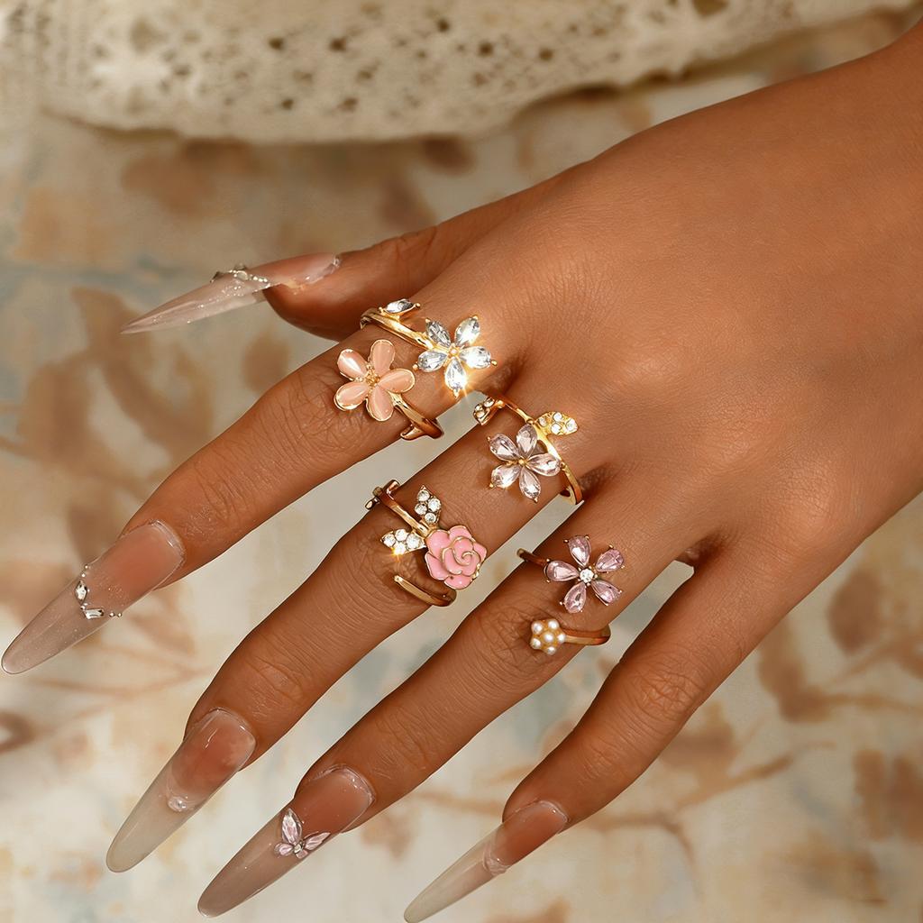 European and American women's ring set, geometric flower drip oil diamond design open ring versatile index finger ring