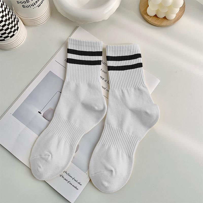 Women's Mid-Calf Two-Bar Stripe Pure Cotton Socks, Odor-Resistant, Anti-Pilling, Versatile for Sports and Casual Wear.