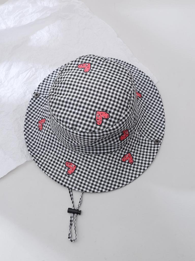 Summer Parent-Child Plaid Heart Wide Brim Sun Hat - Stylish Travel Vacation Fisherman Hat for Kids with Sun Protection
