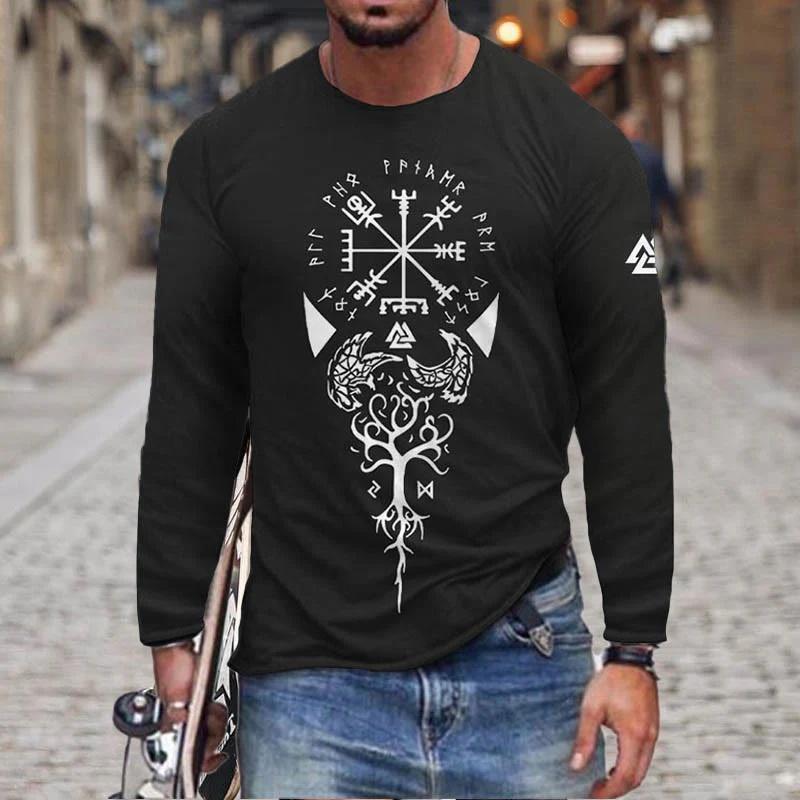 Men's Retro Viking Norse Mythology Totem 3D Printed Casual T-shirts Round Neck Fashionable Long Sleeved T-shirts