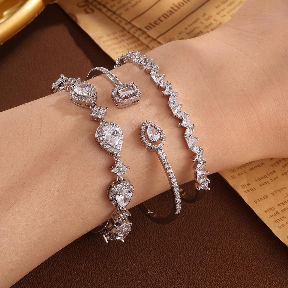 Classic Adjustable Water Drop Zircon Bracelet Bangles For Women In Silver Gold Aesthetic Wedding Jewelry For Bride