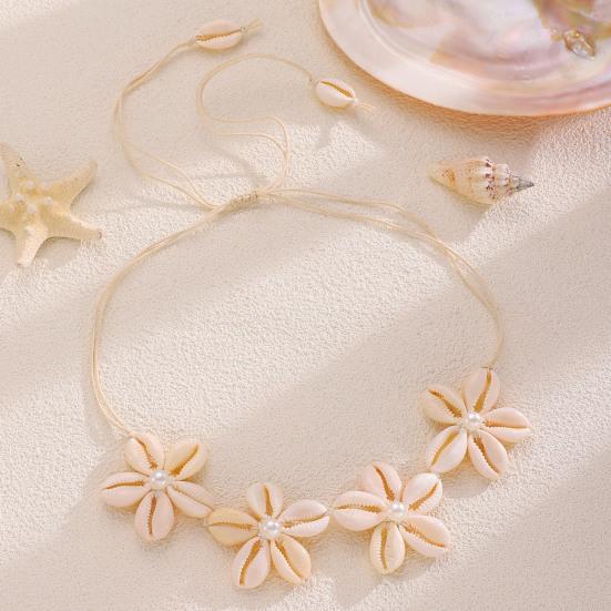 Natural Seashell Flower Jewelry Set Handmade Shell Necklace Earrings with Faux Pearl Accents Beach Vacation Casual Gift for Coastal Lovers