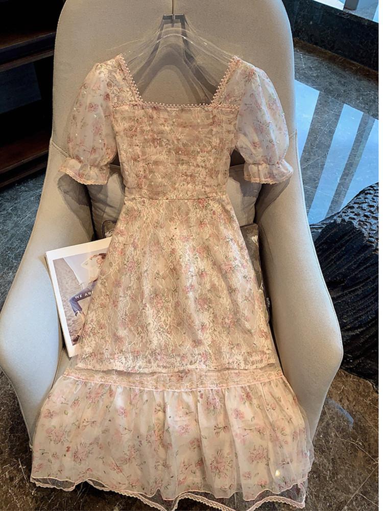 

Французские винтажные летние платья с цветочным принтом 2024, милое квадратное воротниковое платье с короткими пышными рукавами, сетчатое кружевное вечернее платье с бисером XXL розовый