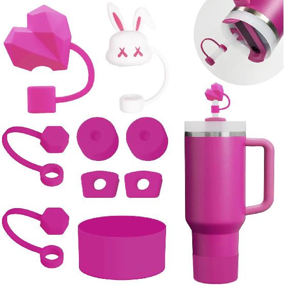 Cup Accessories Set Includes 6Pcs Silicone Spill Proof Stopper, 2Pcs Straw Cover Cap for 9-10 mm Straw, 1Pcs Silicone Boot Compatible with Stanley фуксия