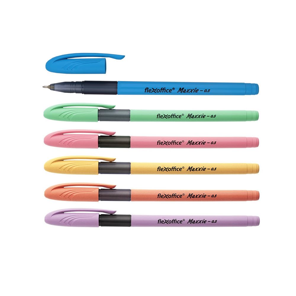 Flexoffice Smooth Ballpoint Black 6 Colors for School and Office Use Oil-Based Pens, 25-Piece Set, Ink, 0.5mm, (Blue, Green, Yellow, Pink, Orange,