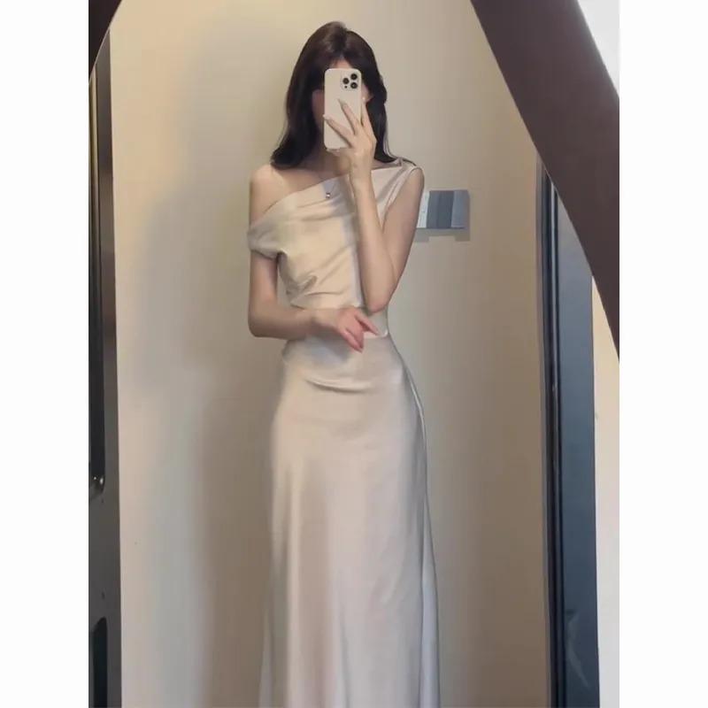 French Style High-end Sloping Collar Slant-shoulder Dress with Waist and Hip Acetate Satin New Summer Long Skirt