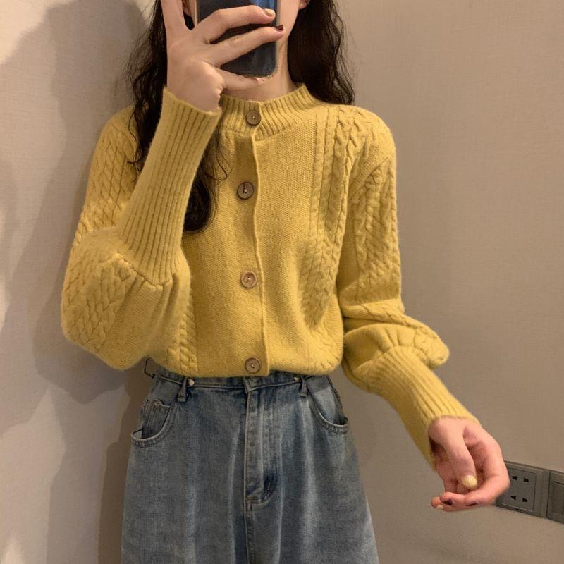 Cardigan Female Spring and Autumn 2023 Bubble Long Sleeve Fried Dough Twists Sweater Cardigan Loose Top Short Knit Coat Women