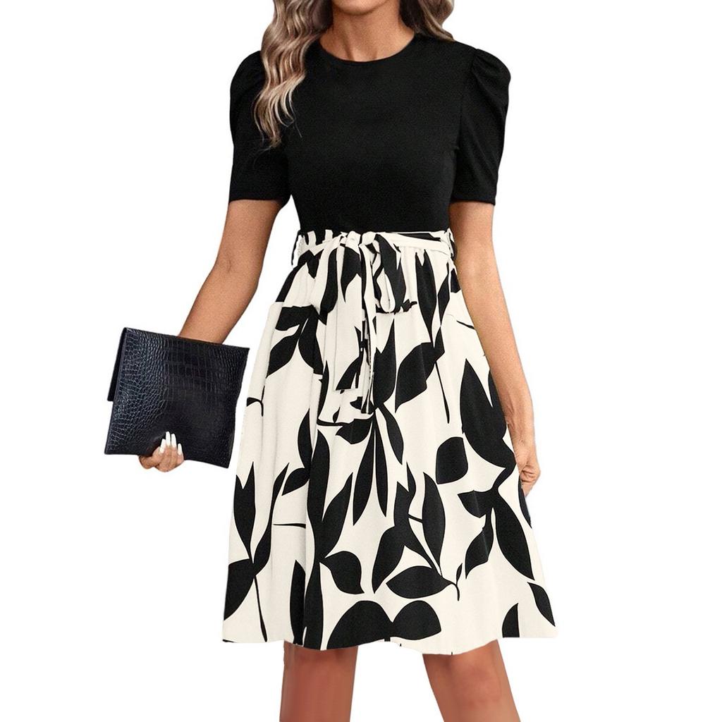 Dámské módní ležérní elegantní šaty s krátkým rukávem a kulatým výstřihem