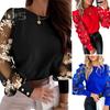 Fall Spring Women Shirt See Through Mesh Solid Color Round Neck Flower Decor Long Sleeve OL Commute Style Pullover Elegant Women Blouse