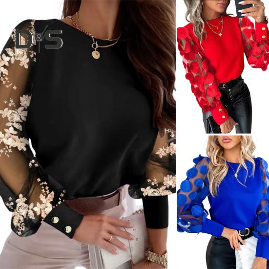 Fall Spring Women Shirt See Through Mesh Solid Color Round Neck Flower Decor Long Sleeve OL Commute Style Pullover Elegant Women Blouse