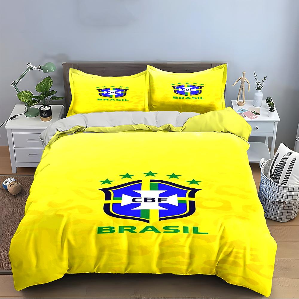 Brésil CBF Logo Jaune Literie Literie Housse de couette Ensemble Housse de couette Taies d'oreiller Décoration de la maison (1 * Housse de couette 2 * Taies d'oreiller, sans couette)