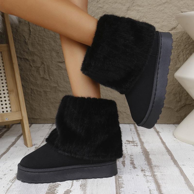New large size round head flip fluffy short snow boots women's thick-soled warm and piled thickened cotton shoes