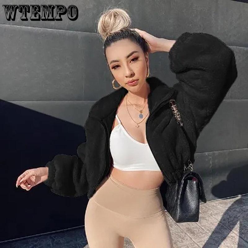 נשים קז'ואל רפוי חורף טופים קצרים צווארון גולף מלא שרוול ארוך רוכסן מעיל שחור לבן נשי מעילי פליז קצרים חמים