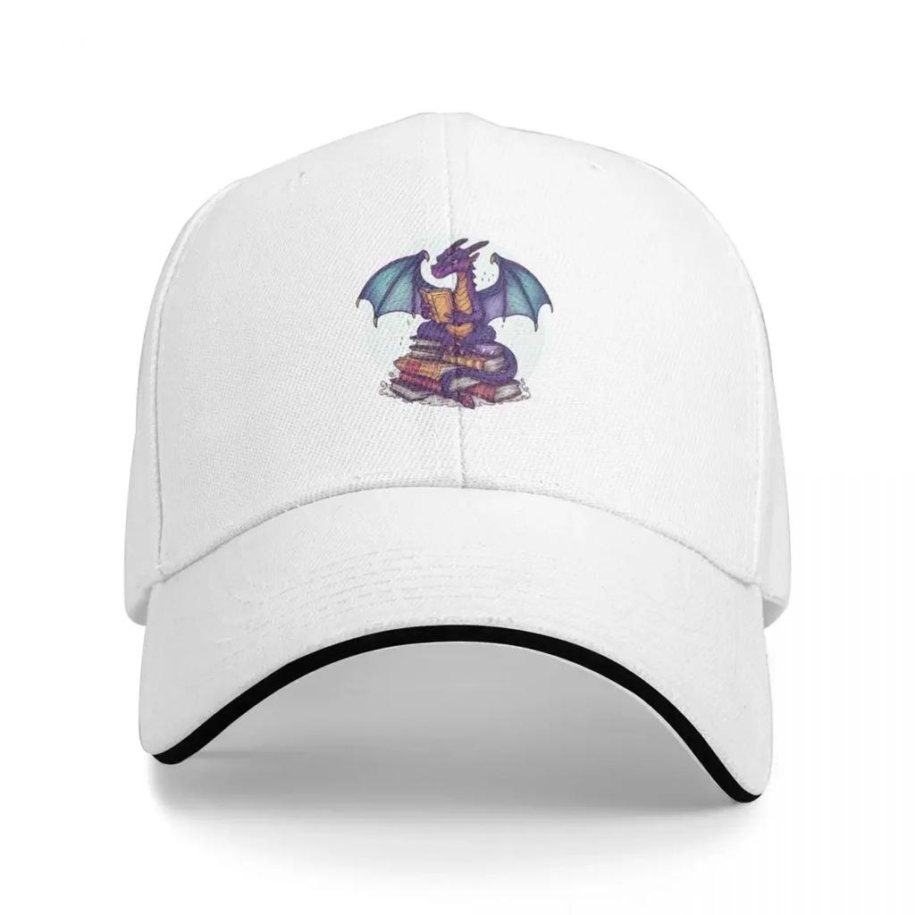 Library Tshirts Animated Dragon Reads Atop Book Stack Scholarly Whimsical Appearance Content and Focused Expres Baseball Cap