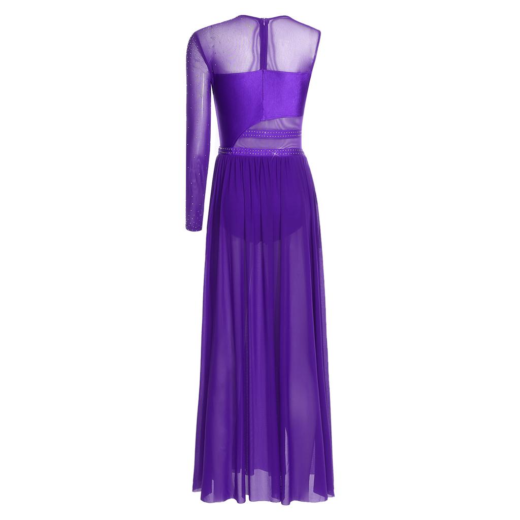 Lyrisches Tanzkleid für Damen Glänzende Strasssteine Colorblock Patchwork Seitenschlitz Mesh Bühnenbekleidung