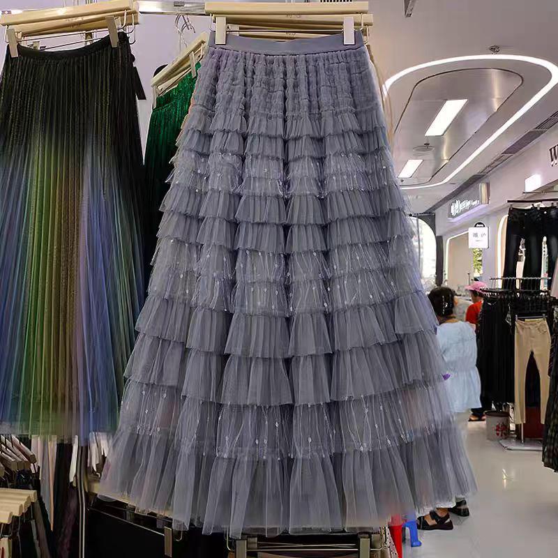 Fairy Embroidered Mesh High-Waist Fluffy Midi Skirt One Size серый