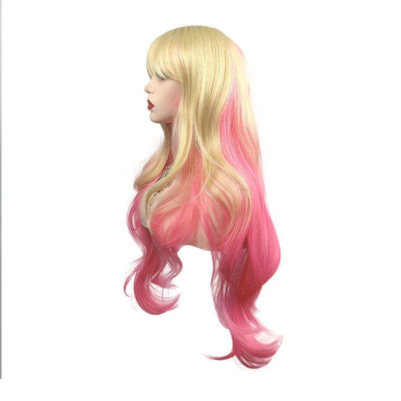 Japanese Fashion Temperament Gold Gradual Change Powder Long Curly Hair With Goods Big Wave Wig Women Full Head Cover